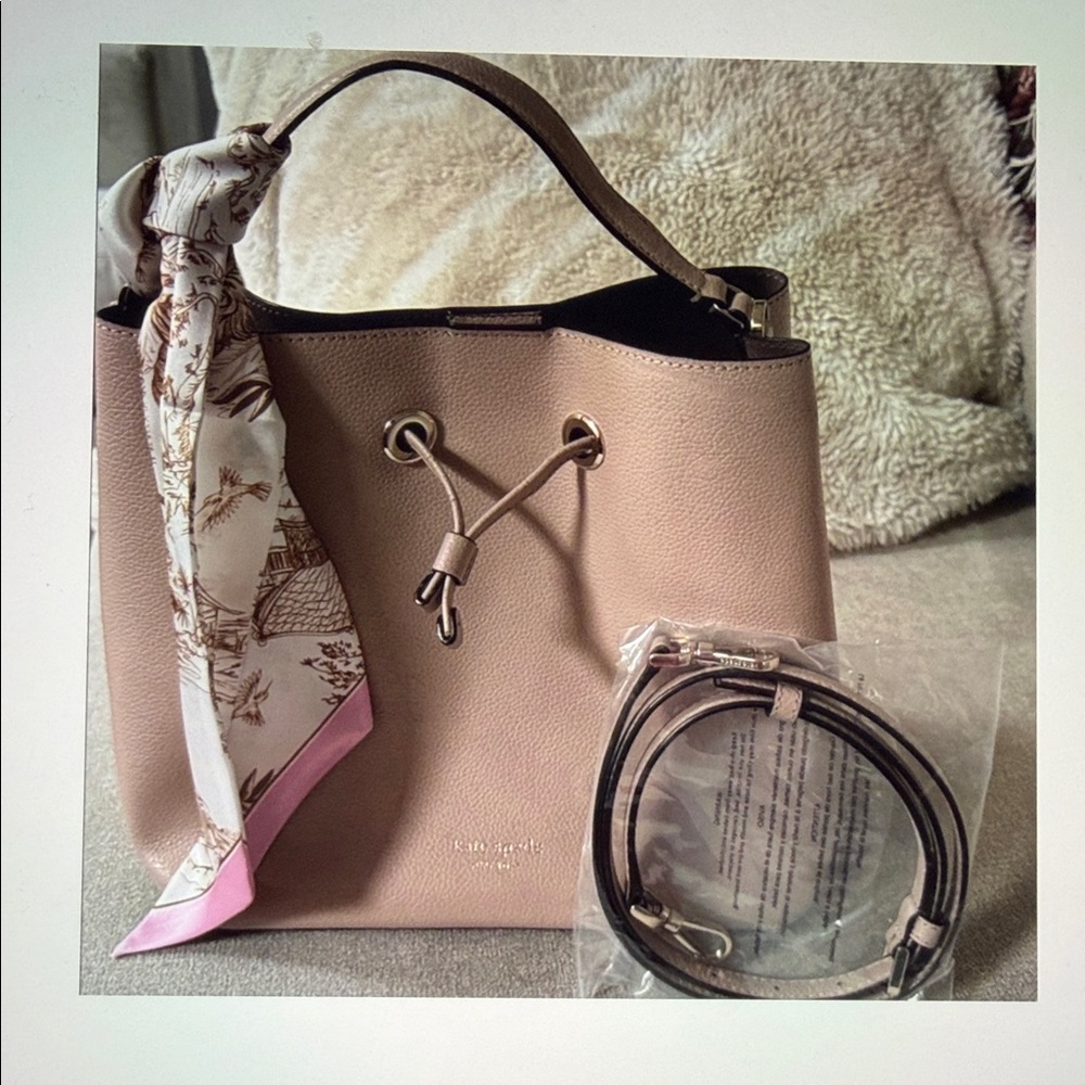 kate spade blush pebble leather drawstring shoulder tote with silk scarf